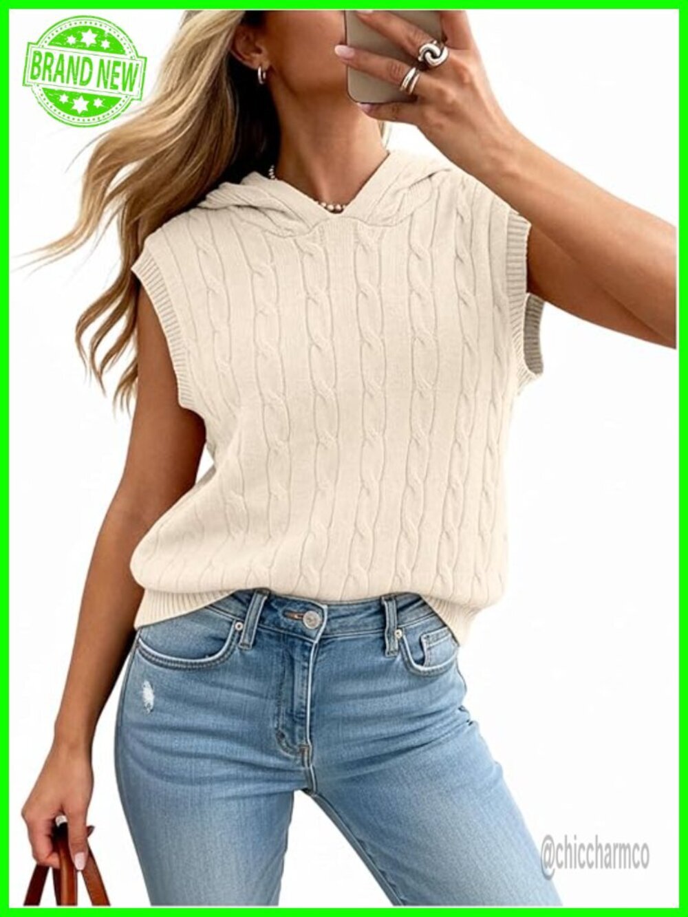 Women's Sleeveless Cable Knit Hooded Sweater Vest Pullover